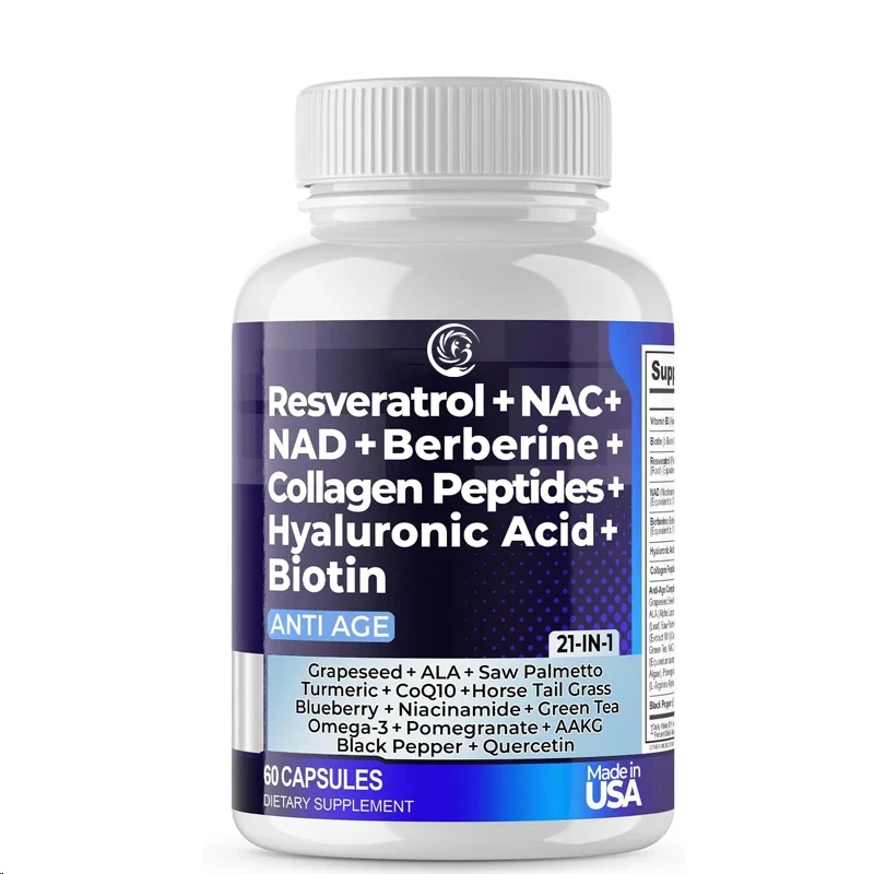 Resveratrol NAD+Aspartate Ácido hialurónico Uva y arándanos+Pibtido de colágeno NAC Suplementos para cabello, uñas, piel y articulaciones