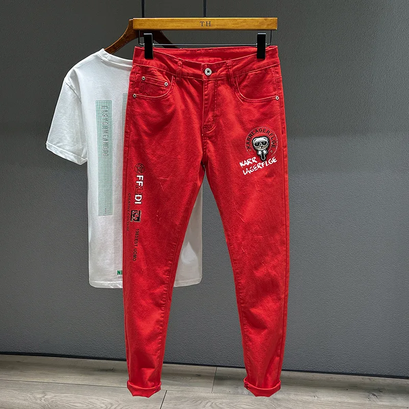 Red Jeans Men's Embroidered Printed Street Trend Handsome Fashion Stretch Slim Fit Casual Cool Skinny Trousers
