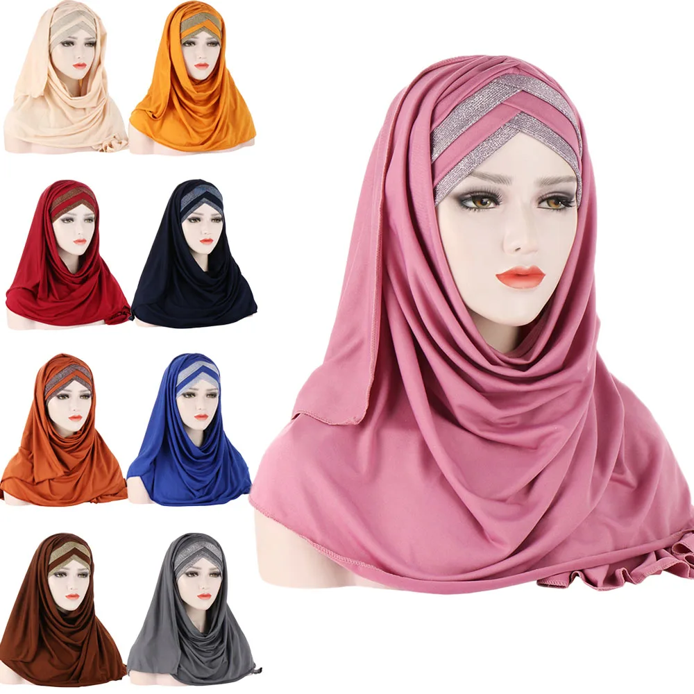 

Forehead Cross Hair Wrap Scarf Solid Color Glitter Sequins Jersey Hijabs Muslim Headband Women Turban Hair Cap Headscarf 2024