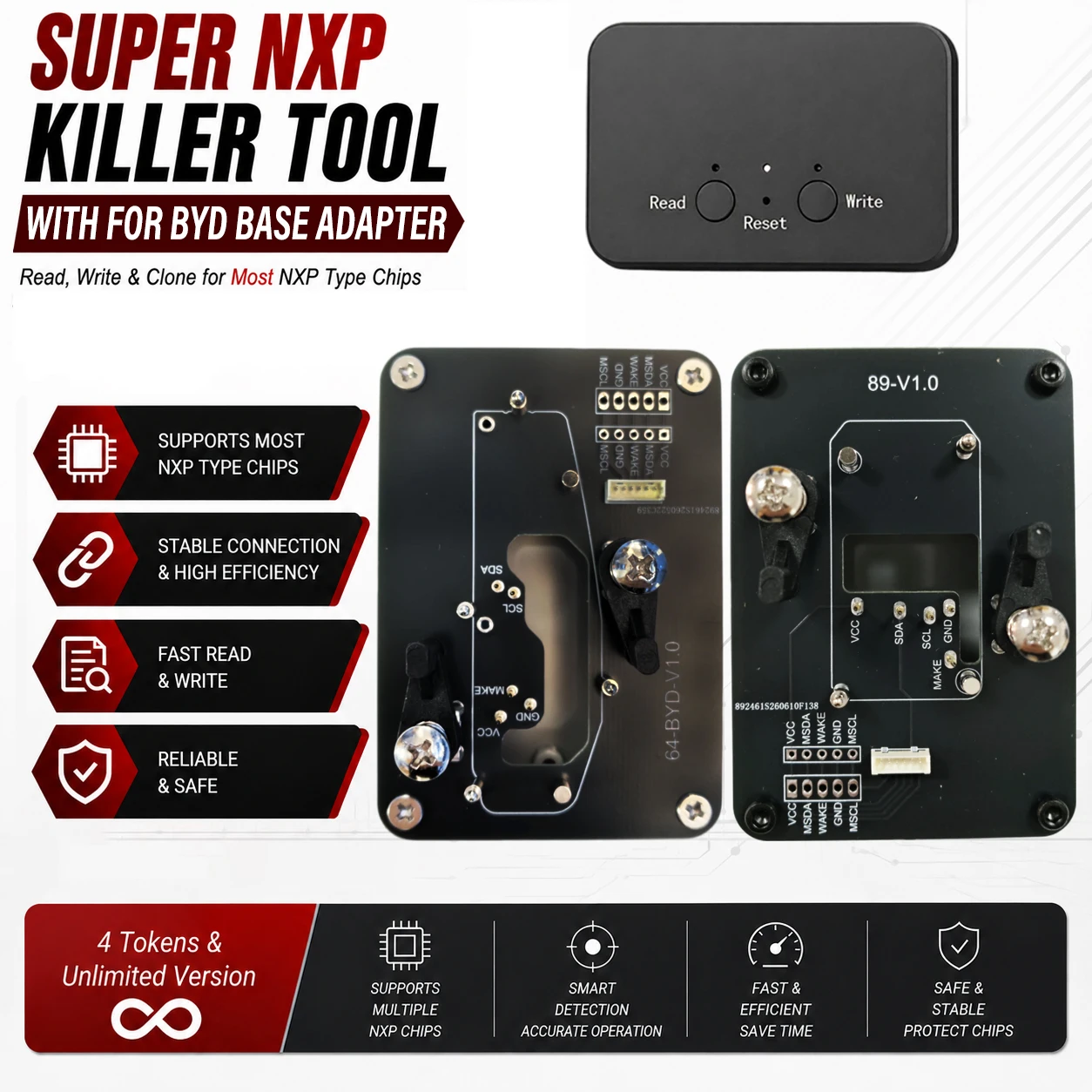 For BYD Key All NXP-Chip Smart Keys Clones 4 Tokens&Unlimited Version Super NXP Killer Read Copy Device With Adapter Base