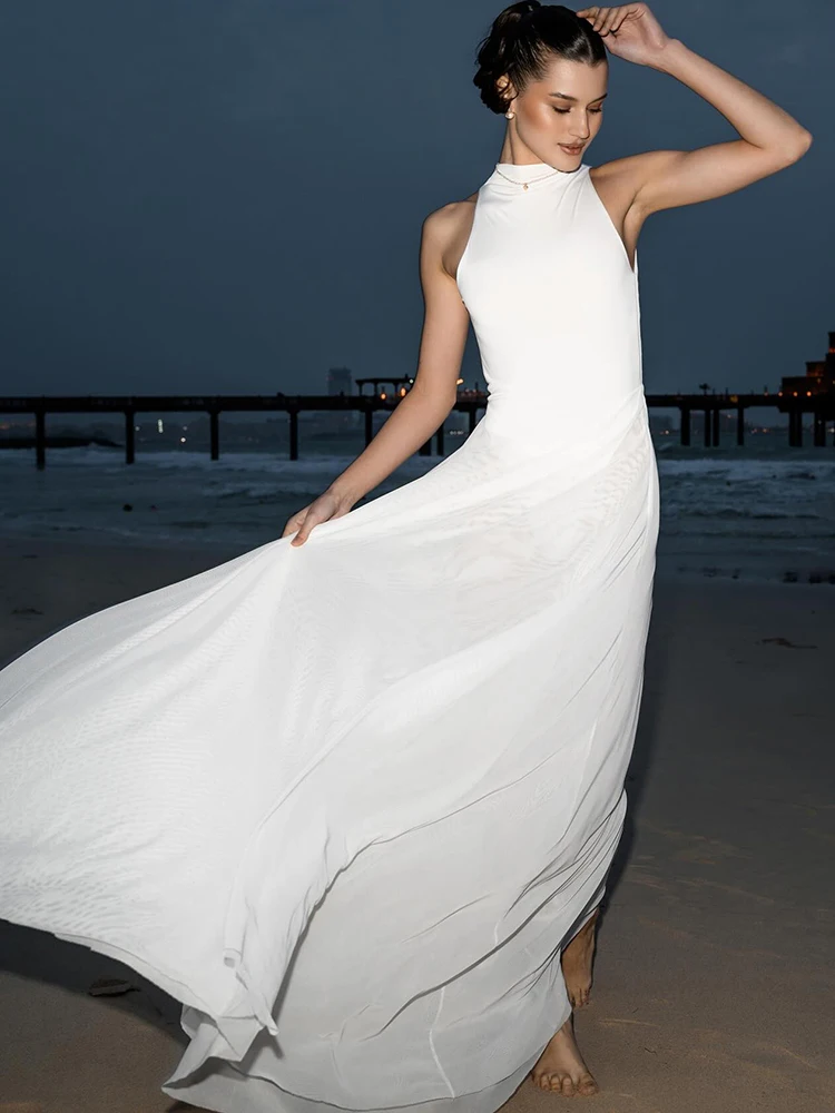 فستان ماكسي بإبزيم معدني بدون ظهر للنساء صيفي برقبة دائرية بدون أكمام شبكي مرقع للإجازات ملابس أنيقة مكشكشة