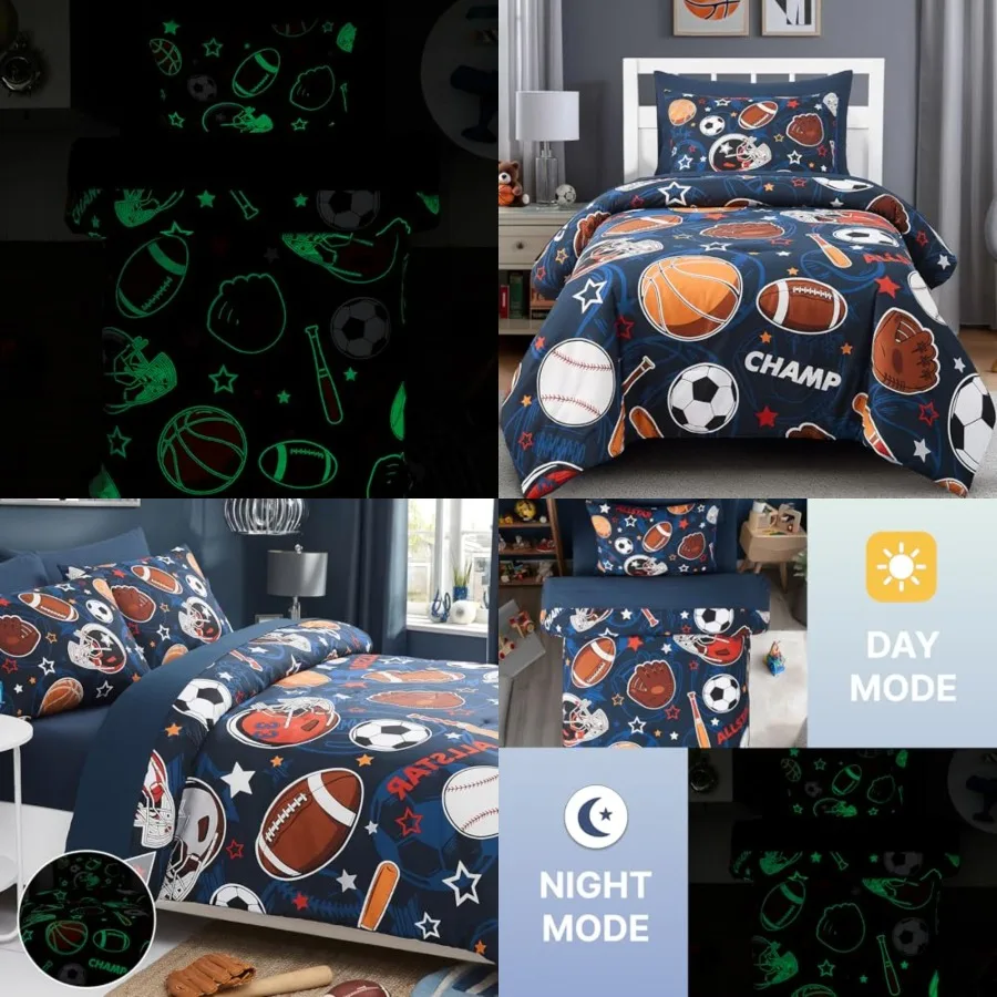 

Comforter Set for Boys-5 Pieces Sports Glow in the Dark Bedding Sets for,Ultra Soft Bed in A Bag with Sheets