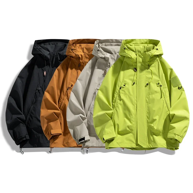 Solid Color Men\'s Outdoor Hooded Jacket Spring Autumn Wind-Proof Coat High Quality Couple Casual Loose Streetwear Windbreaker