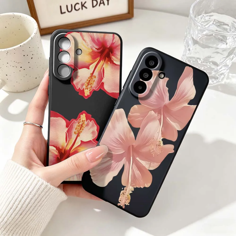 Cute Red Lily Pattern For Samsung Note 20 10 A73 A72 A71 A56 A55 A54 A53 A52 A51 A42 A41 A36 A35 A34 Black Phone Case