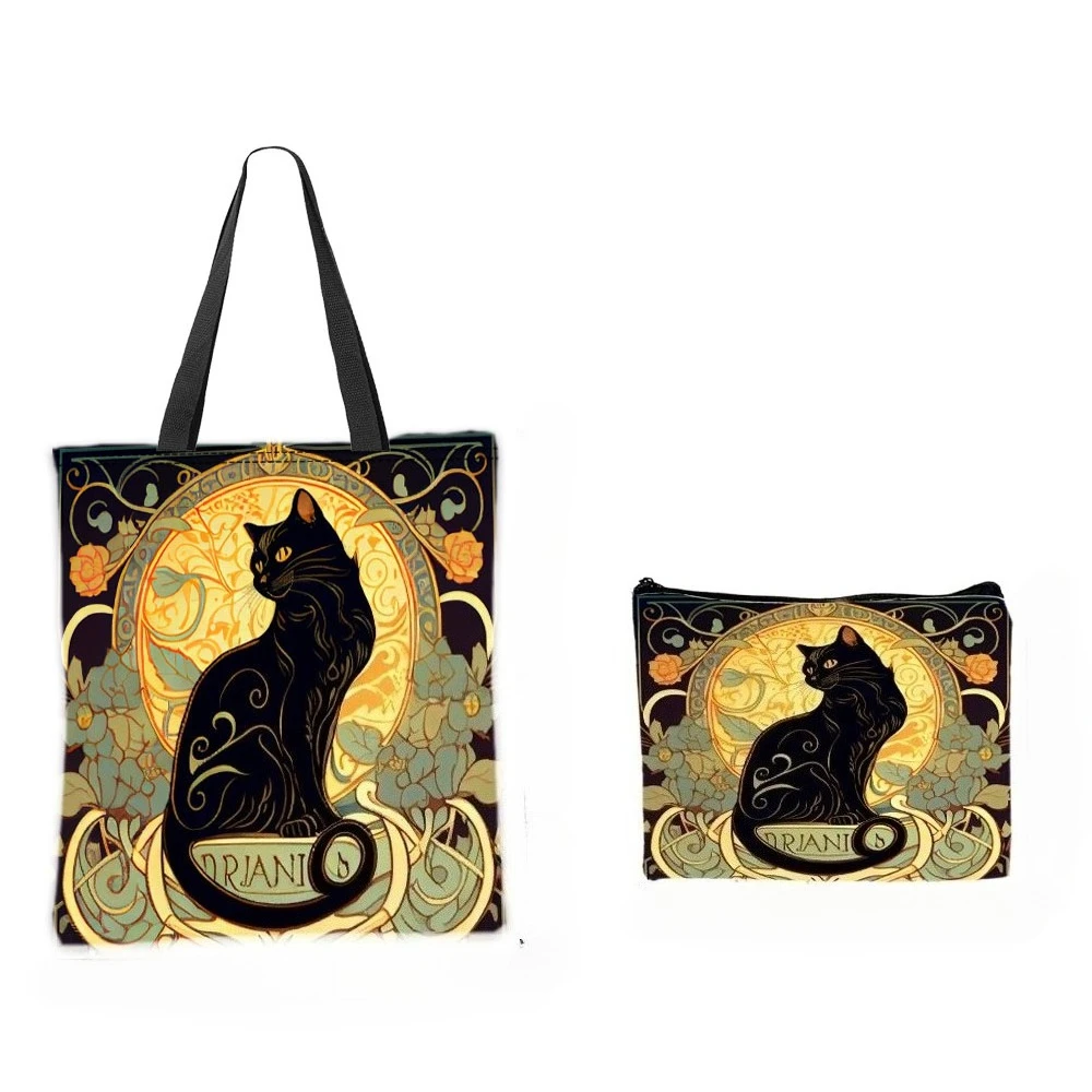 Retro Art Noble Black Cat Shoulder Bag And Makeup Bag Reusable Shopping Bags Chic Cosmetic Pouch Handbag Women's Daily Use