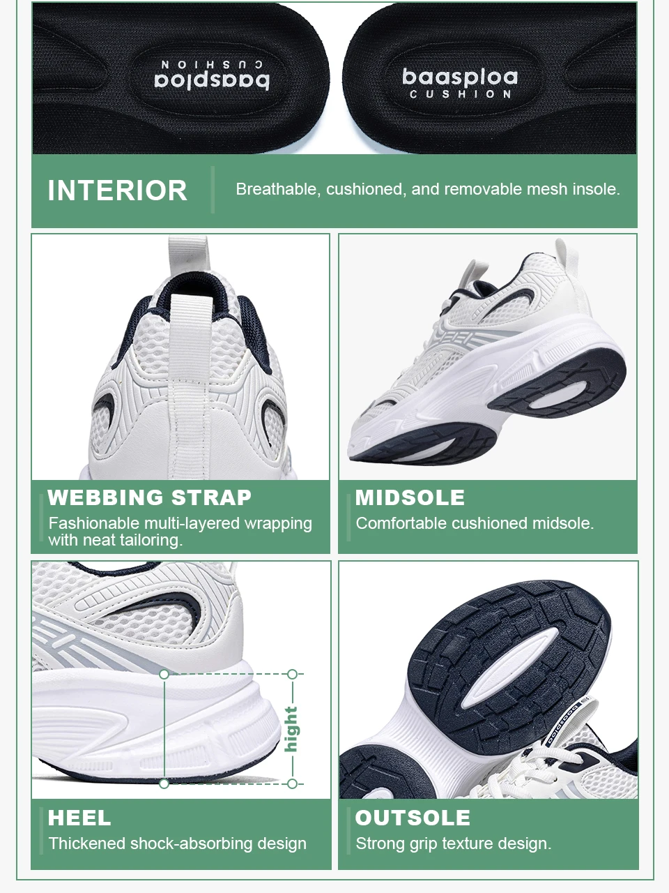 Baasploa Damen-Laufschuhe, leichte, atmungsaktive Sportschuhe für Damen, bequeme weiße Turnschuhe, lässige Turnschuhe, rutschfest – Detail 6