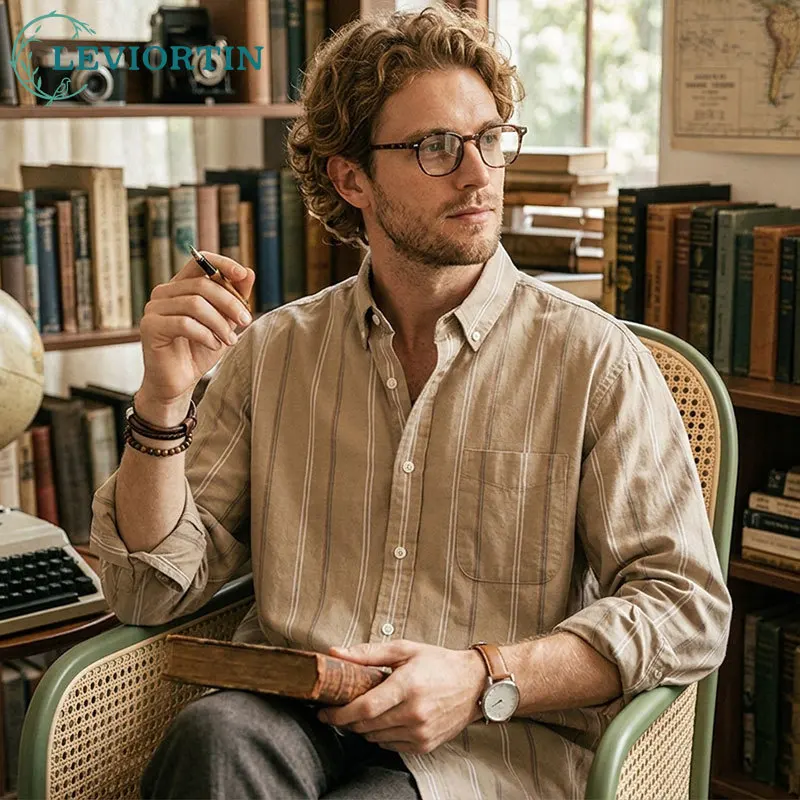 

Men's Cotton Striped Shirt Fashionable Long Sleeve Button Down Dress Shirts Mature Casual Versatile Breathable Outer Wear Shirt