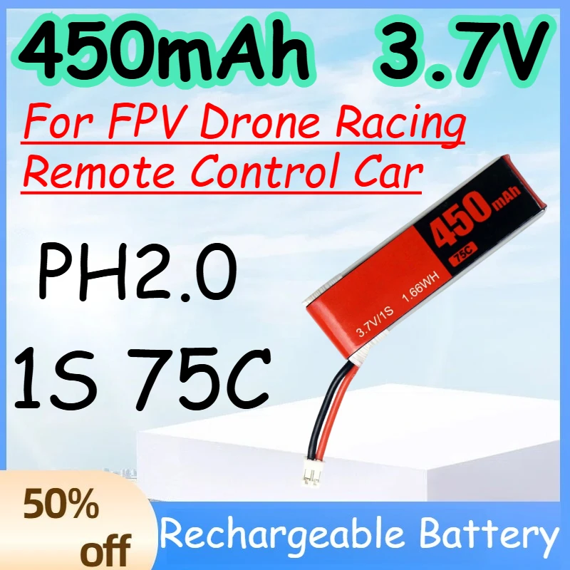 

450mAh 1S 3.7V 75C Replace Rechargeable Lipo Battery for FPV Drone Racing Remote Control Car Battery with PH2.0 Plug