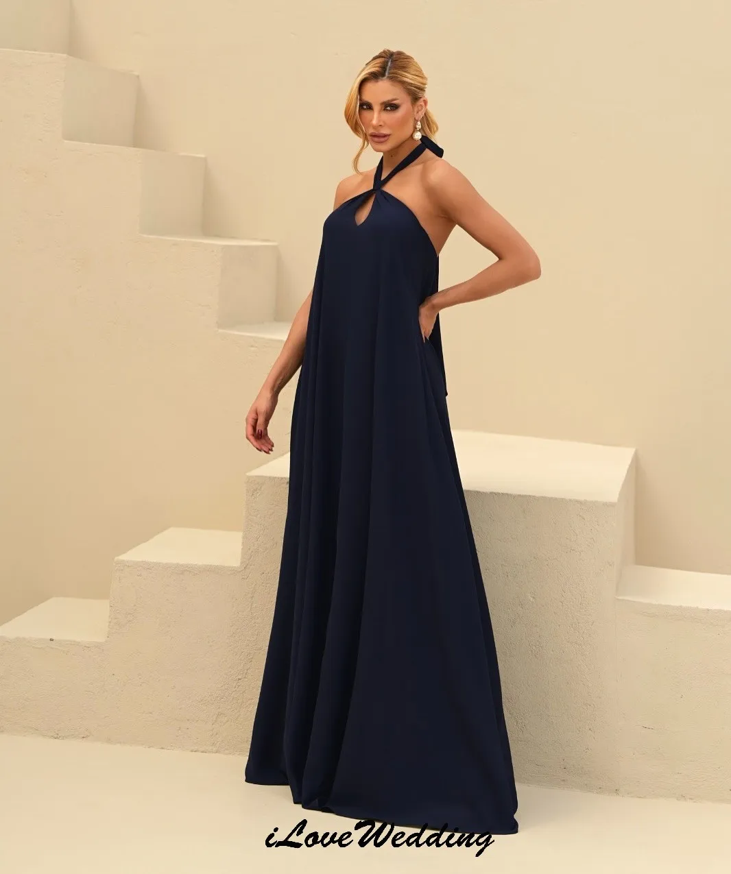 スカイブルーシフォンイブニングドレス 2025 ホルターウェディングパーティードレス女性のためのエレガントな床の長さの背中の開いたセクシーなリボンカスタマイズ