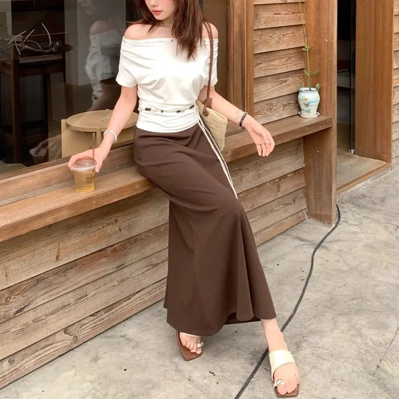 

Spring Summer Vintage Brown Long Skirts High Waist Elastic Women's Clothing Solid Color Casual Fashionable Split Bag Hip Skirts