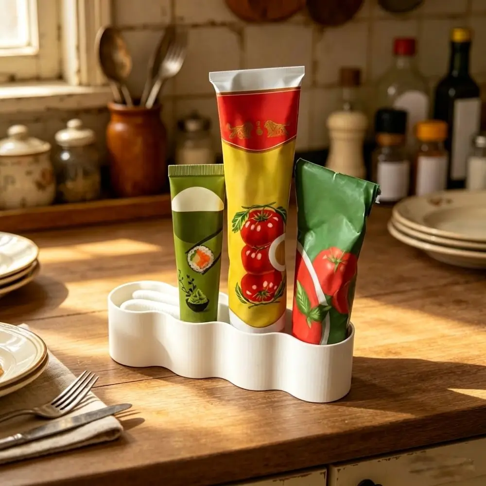 4 Slots Sauce Tube Storage Holder Wave Shaped Plastic Condiment Tube Rack Prevent Sauce Tipping 3D Printing
