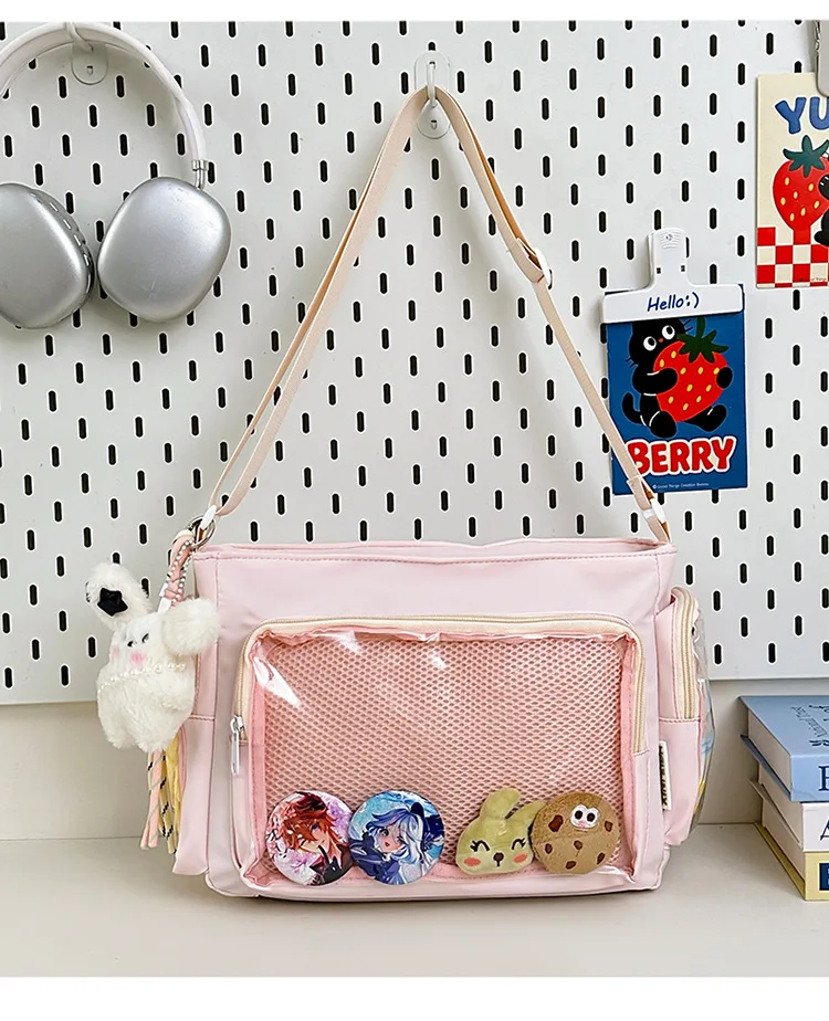Canvas Ita Umhängetasche mit großem Sichtfenster, Schultertasche für Anime-Idol-Pins, Handtasche für Studenten, Schultasche, Messenger Bag – Detail 24