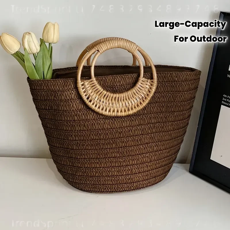 Women Summer Woven Paper Tote Bag Large Capacity Solid Color Round Wooden Handle Beach Handbag Casual Outdoor Vacation view 2