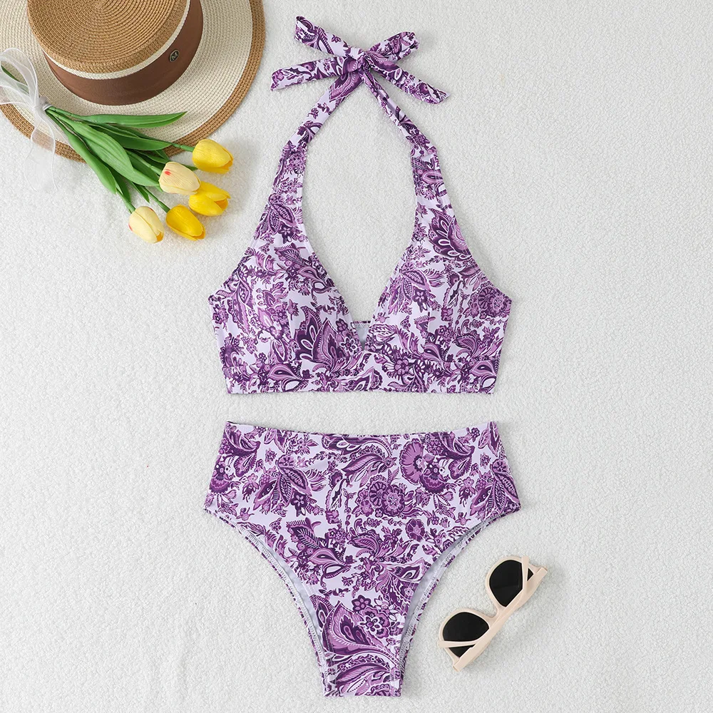 

sexy flower print halter tie bikinis sets two pieces thong swimsuits high waist bathing suit swimwear beach outfits tankini