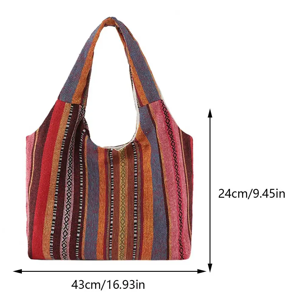 Women Bohemian Hippie Shoulder Bag Canvas Striped Trendy Tote Handbag 2024 Ethnic Style Shopping Bag Large Capacity Underarm Bag