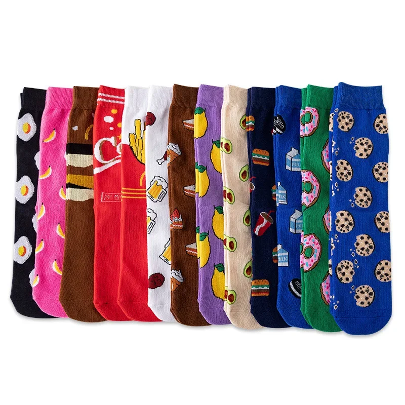 

Women Socks Funny Cute Cartoon Fruits Banana Avocado Lemon Egg Cookie Donuts Food Happy Japanese Harajuku skateboard Socks