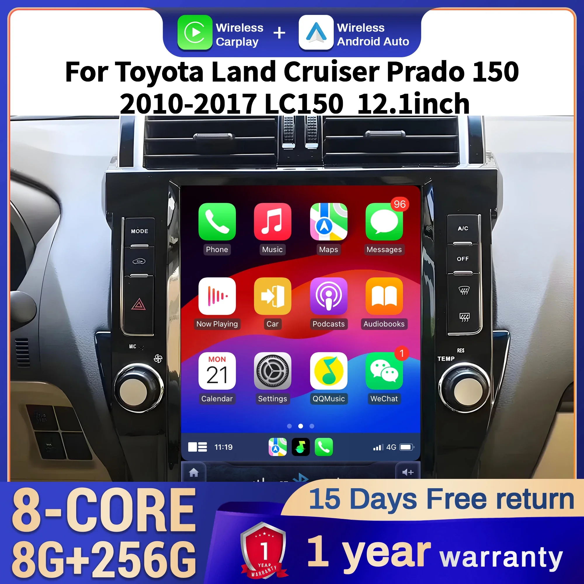 

12.1 inch Car Radio Android 14 For Toyota Land Cruiser Prado 150 2010-2017 LC150 Head Unit 4G Wireless Bluetooth CarPlay Screen