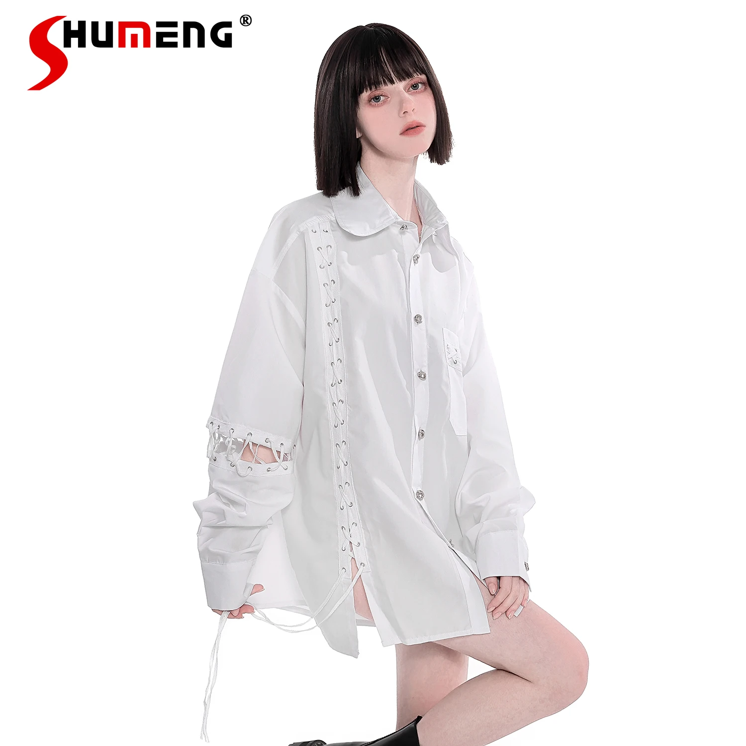 

Original Design Punk Loose Large Size Long-sleeved Top Women Metal Button Straps Elegant Casual All-Match Shirt Autumn Blouses