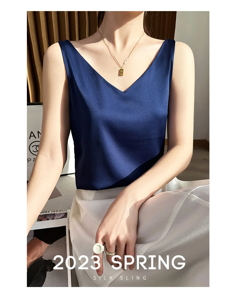 Seidensatin-Damen-Tanktop mit doppelter Schulterpartie, V-Ausschnitt, ärmelloses Top, T-Shirt, elegantes Crop-Top, solide, lässig, Basic, 2025, Sommer – Detail 7