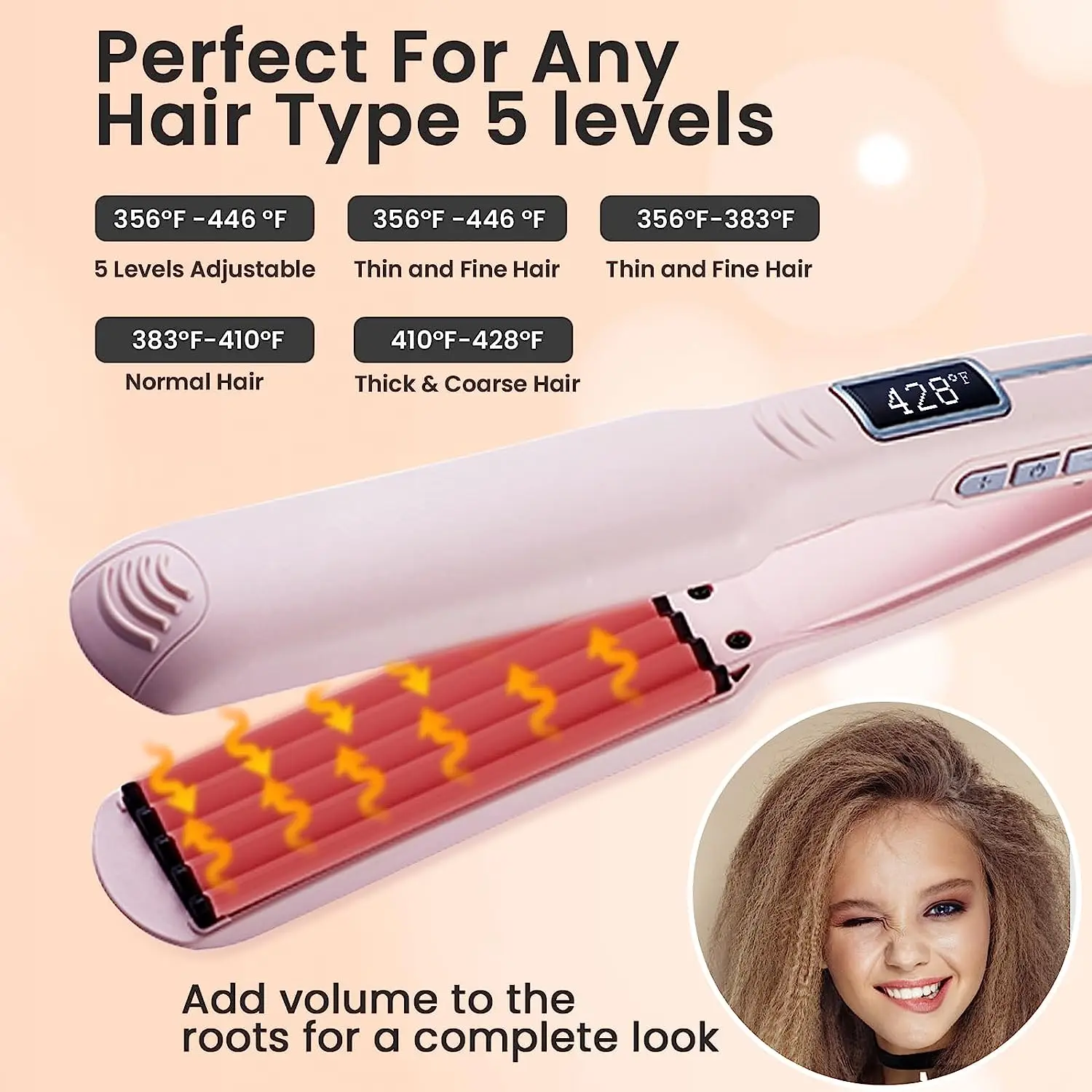 Pink Corrugation Hair Volumizing Iron 13 Adjustable Temperature LCD Display Hair Crimping Iron for Fluffy Hair Tool