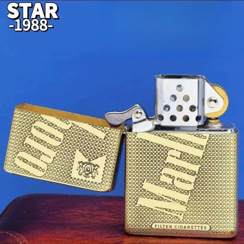 STAR Flat Head Brass Inlaid Slanted Logo Marlboro Grinding Wheel Windproof Kerosiene Lighter Steel Ball Liner Men's Holiday Gift
