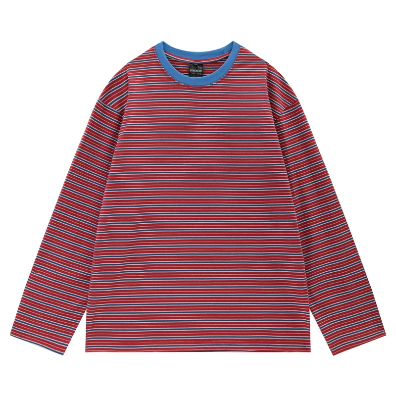 Unisex Vintage Contrast Collar Striped Long Sleeve T‑Shirt Men Women Loose Fit Crew Neck Casual Retro Stripe Basic T Shirt Tops