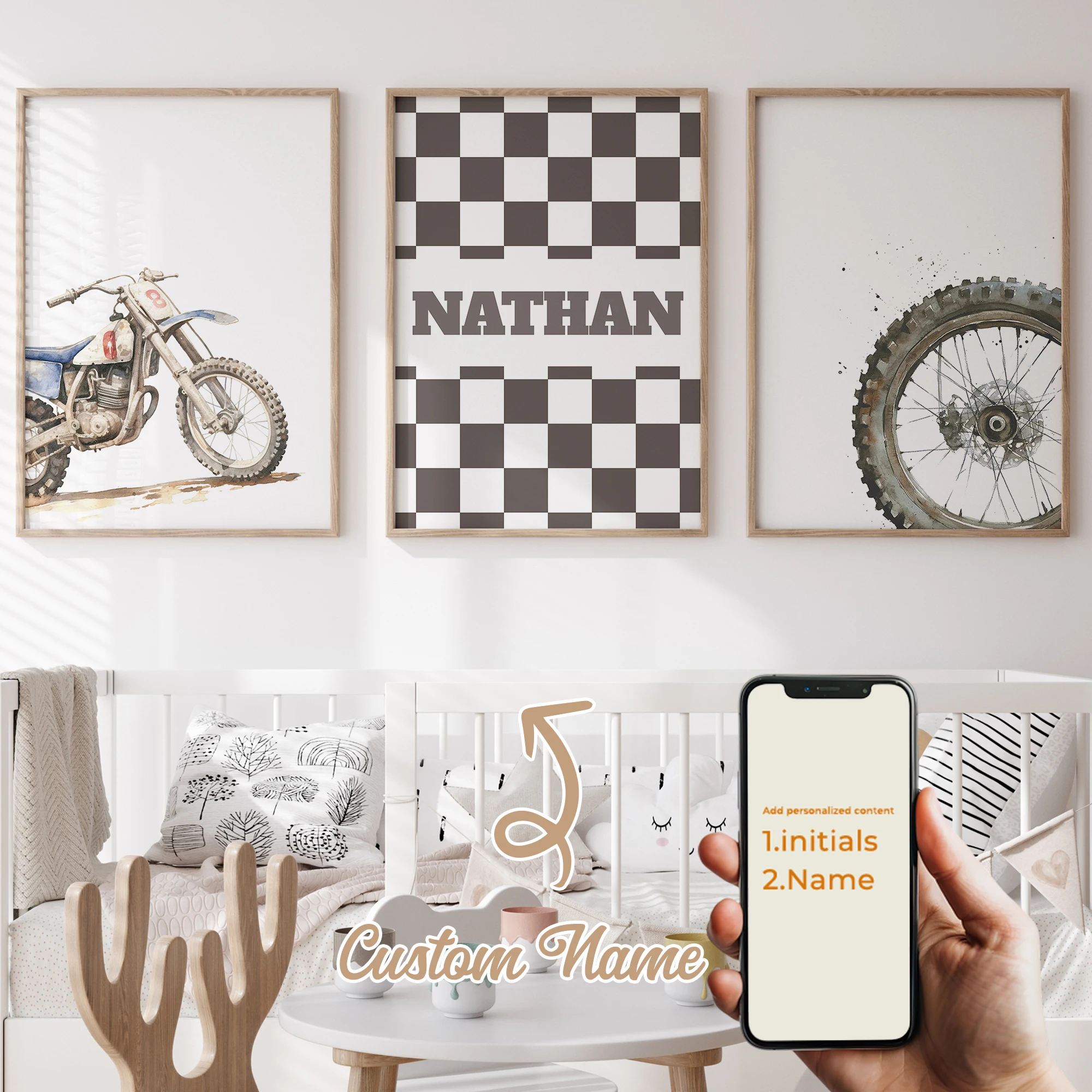 

3pcs Personalized Custom Name Cartoon Motorcycle Wall Art Print Picture Canvas Poster Painting For Living Room Home Decor Gift