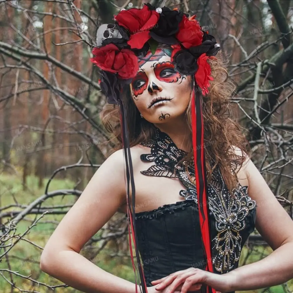 Opaska z meksykańskimi kwiatami Dzień Zmarłych Róża Kwiatowa Korona Nakrycie Głowy dla Kobiet Dziewcząt Kostium na Halloween Ślub Cosplay (Czarno-Czerwona)