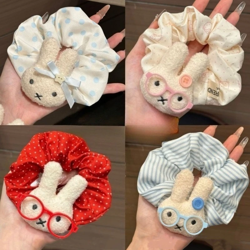 New Kawaii Miffy Sweet and Cute Polka Dot Wearing Glasses Miffy Rabbit Big Intestine Headband Headband Rubber Band Girl Gift