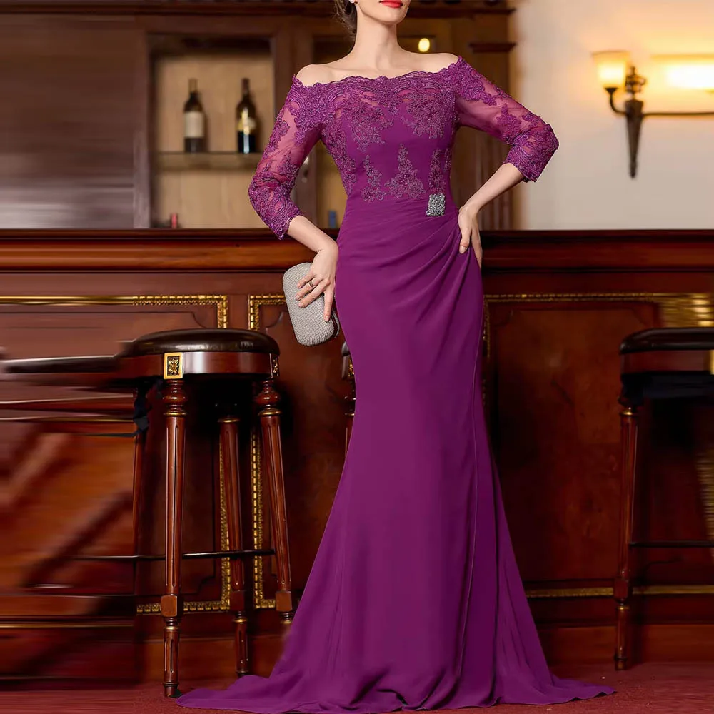 

Customized Elegant Mother of Bride Dresses Off-the-Shoulder 3/4 Sleeves Chiffon Sheath Appliques Sweep Wedding Party Dresses