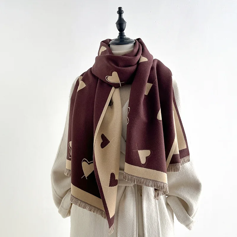Women Korean Heart Print Bufanda Faux Cashmere Scarf Double Sided Jacquard Tassel Winter Warm Shawl Neckerchief Thick Neck Wrap