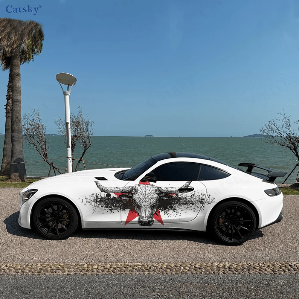 

Красные звезды, голова крупного рогатого скота, украшение на боковую наклейку автомобиля, водонепроницаемая ПВХ-наклейка, устойчивая к царапинам, защита автомобиля, автоаксессуары в подарок