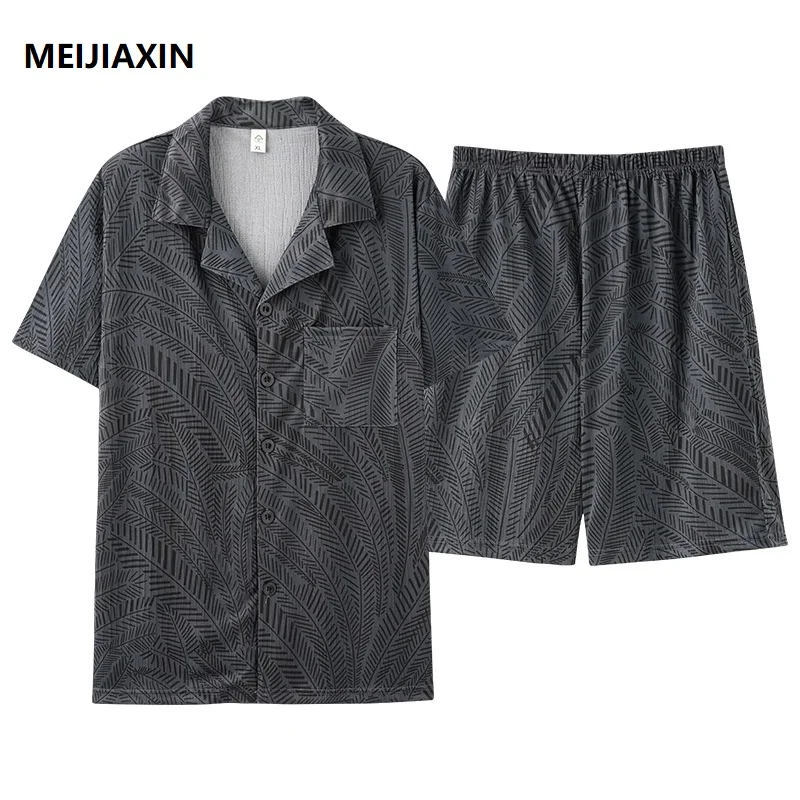 Summer Cotton Men Pajamas Set Casual Soft Loose L-4XL Male Sleepwear Short Sleeve Turn-down Collar Mens Pyjamas