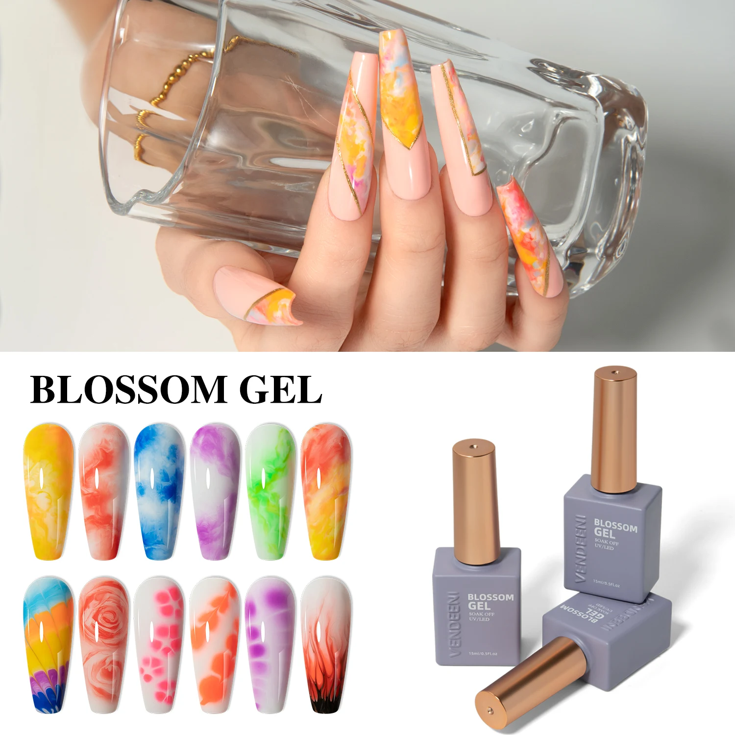 VENDEENI Nail Art New Design Universal Colors Gradient Effect Blooming Gel Polish Top Coat 15 ML Bottle Clear Bloom Gel Polish