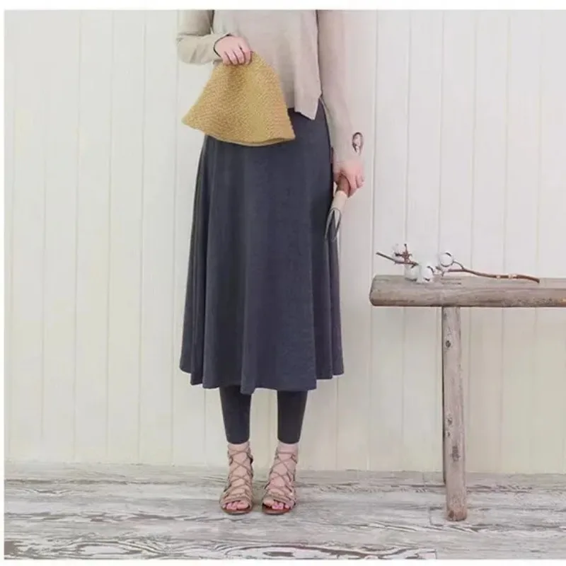 Women Clothing Autumn Winter Simplicity Fashion Solid Color Elastic Waist Appear Thin Female All-match Fake Two Pieces Culottes