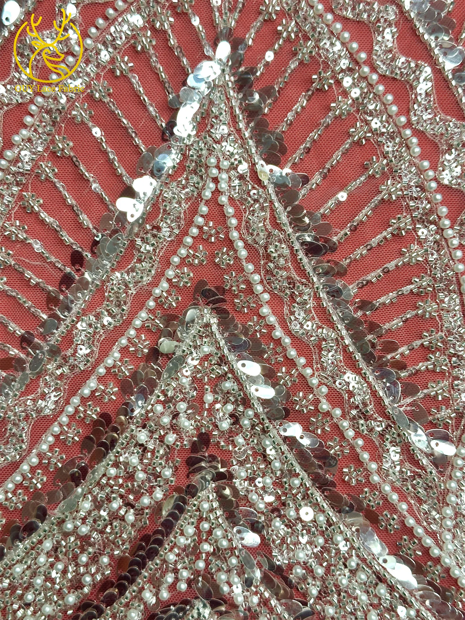 Roter afrikanischer Perlen-Spitzenstoff 2026, hochwertiger französischer nigerianischer Pailletten-Spitzenstoff für Damen, Hochzeit, Party, Kleid, Nähen – Detail 17