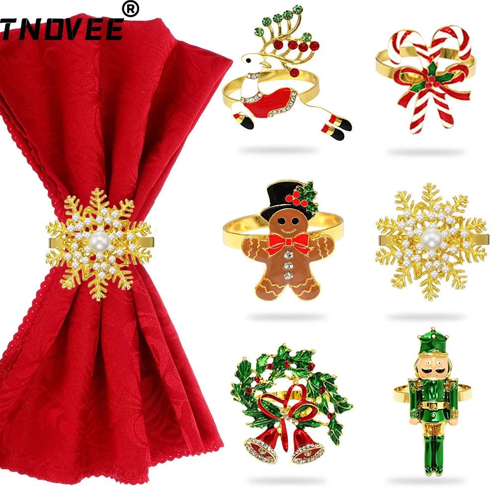 

6PCS Christmas Napkin Rings Crystal Xmas Tree Reindeer Wreath Candy Cane Napkin Holders for Christmas Wedding Party Table Decor