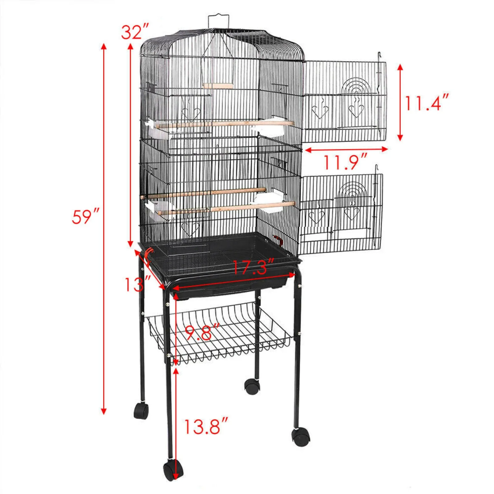 US 59'' Bird Cage with Rolling Stand Cockatiel Parakeet Finch Parrot Birdcage Black