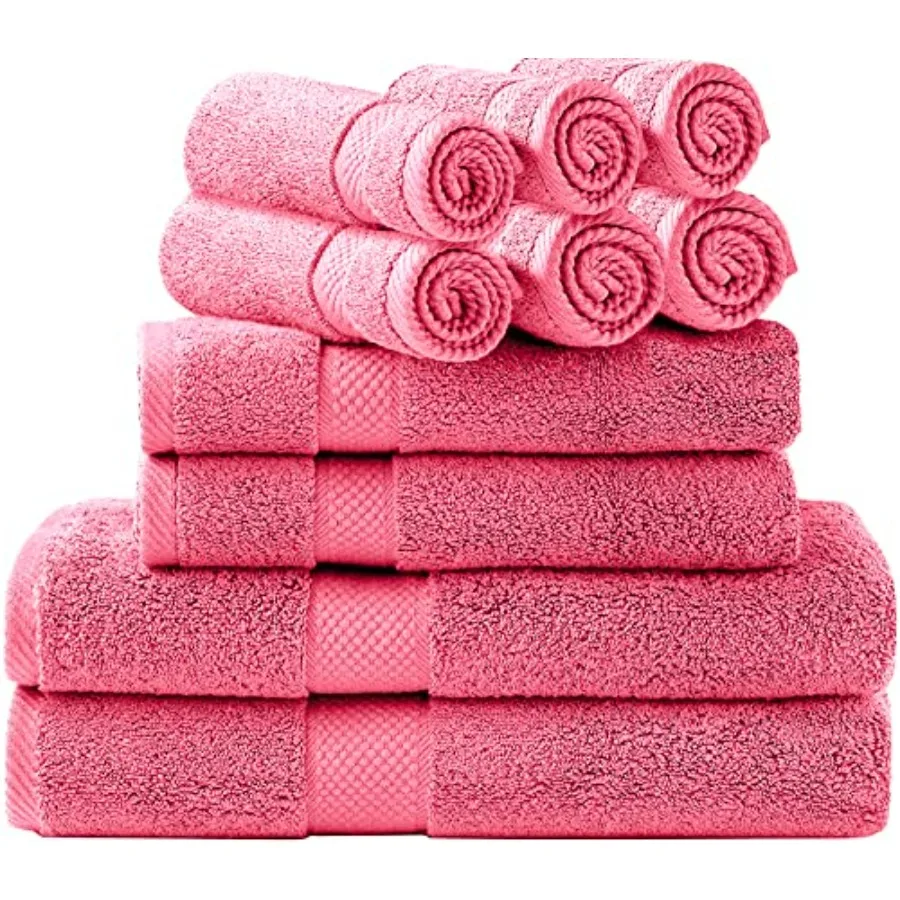 Bath Towels Set for Bathroom and Shower: Ring Spun Cotton, Pink, Highly Absorbent 2 Bath Towels, 2 Hand Towels, 6 Washcloths