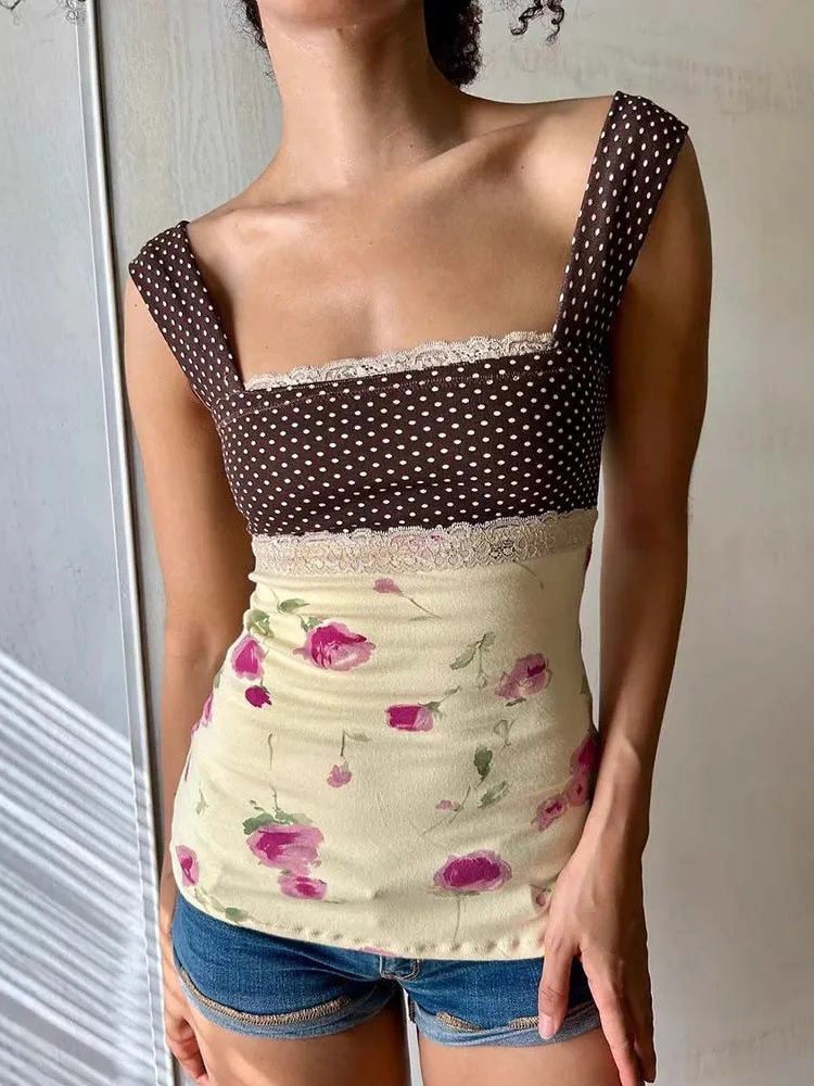 

Sibybo Polka Dot Floral Print Patchwork Women Crop Tops Square Collar Backless Bandage Skinny Casual Y2K Top Party Club Clothes
