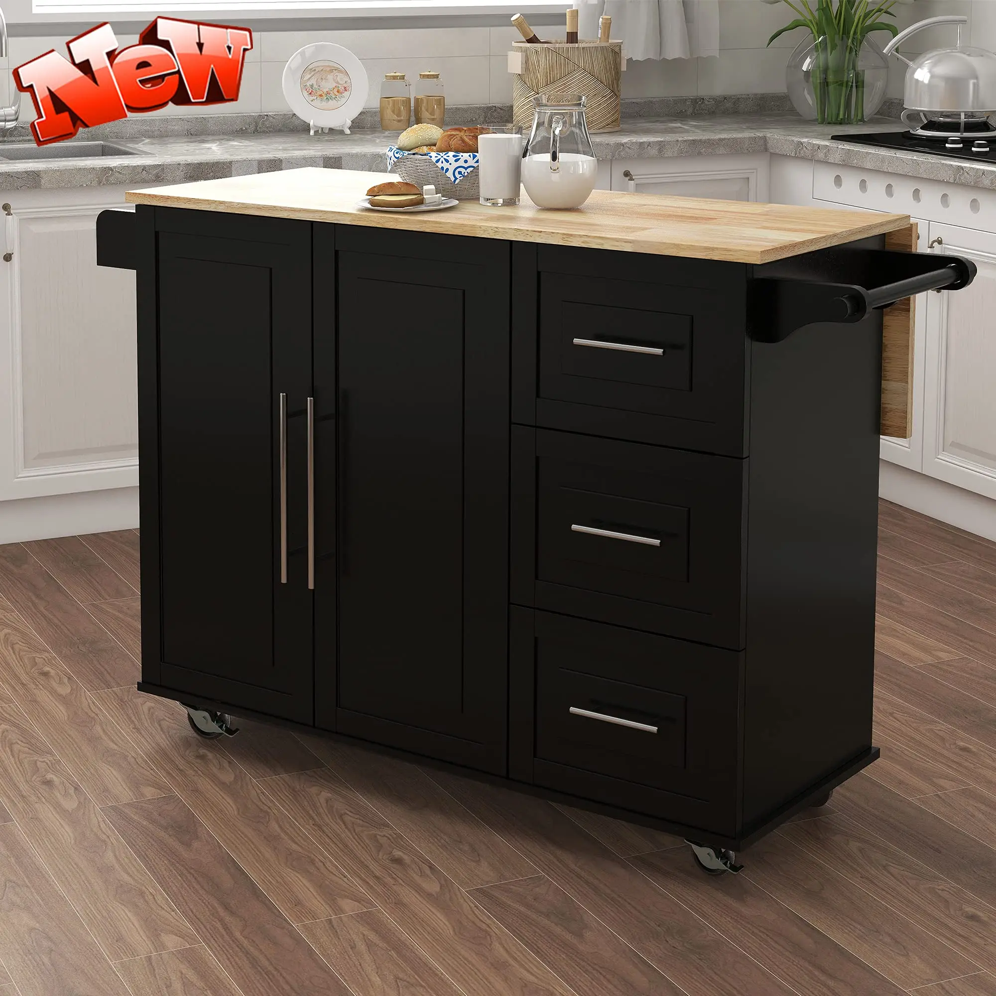 DANGRUUT Upgraded Version Thick Wood Kitchen Island Cart with Wheels and Drop-Leaf Top, Large Folding Extensible