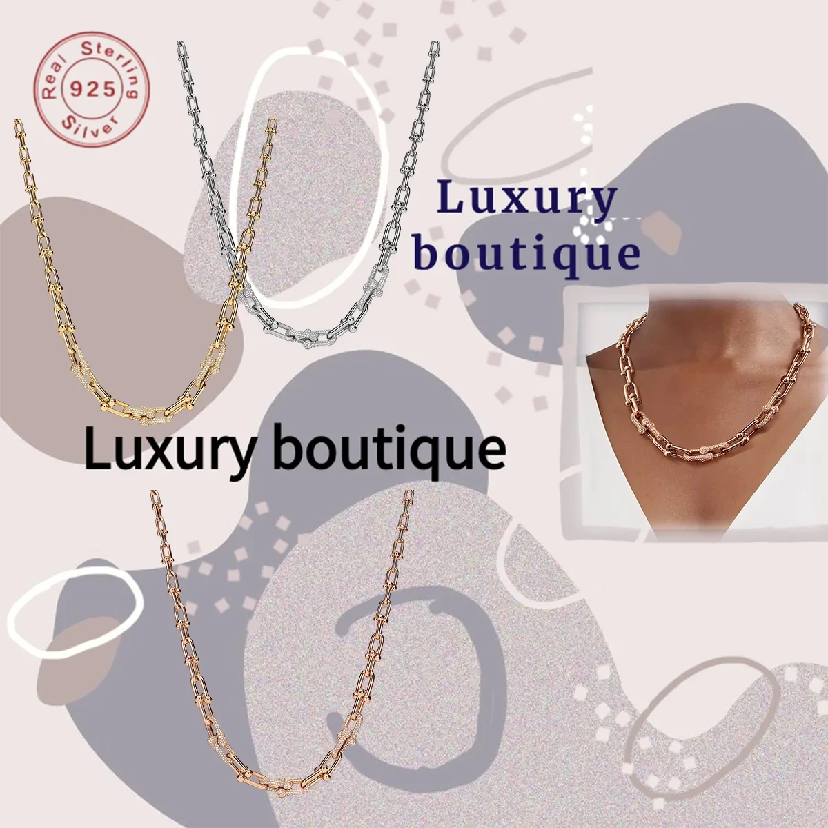 

Pure silver S925 necklace with diamond studded gradient U-shaped design, women's noble luxury couple's festival limited gift