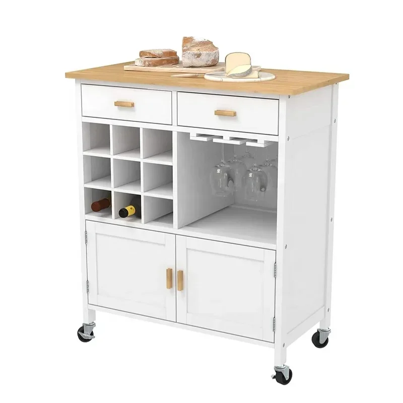 

New French Modern Portable Mobile Storage Cabinet Trolley Counter Modular Rolling Island Kitchen Cart with Wine Rack