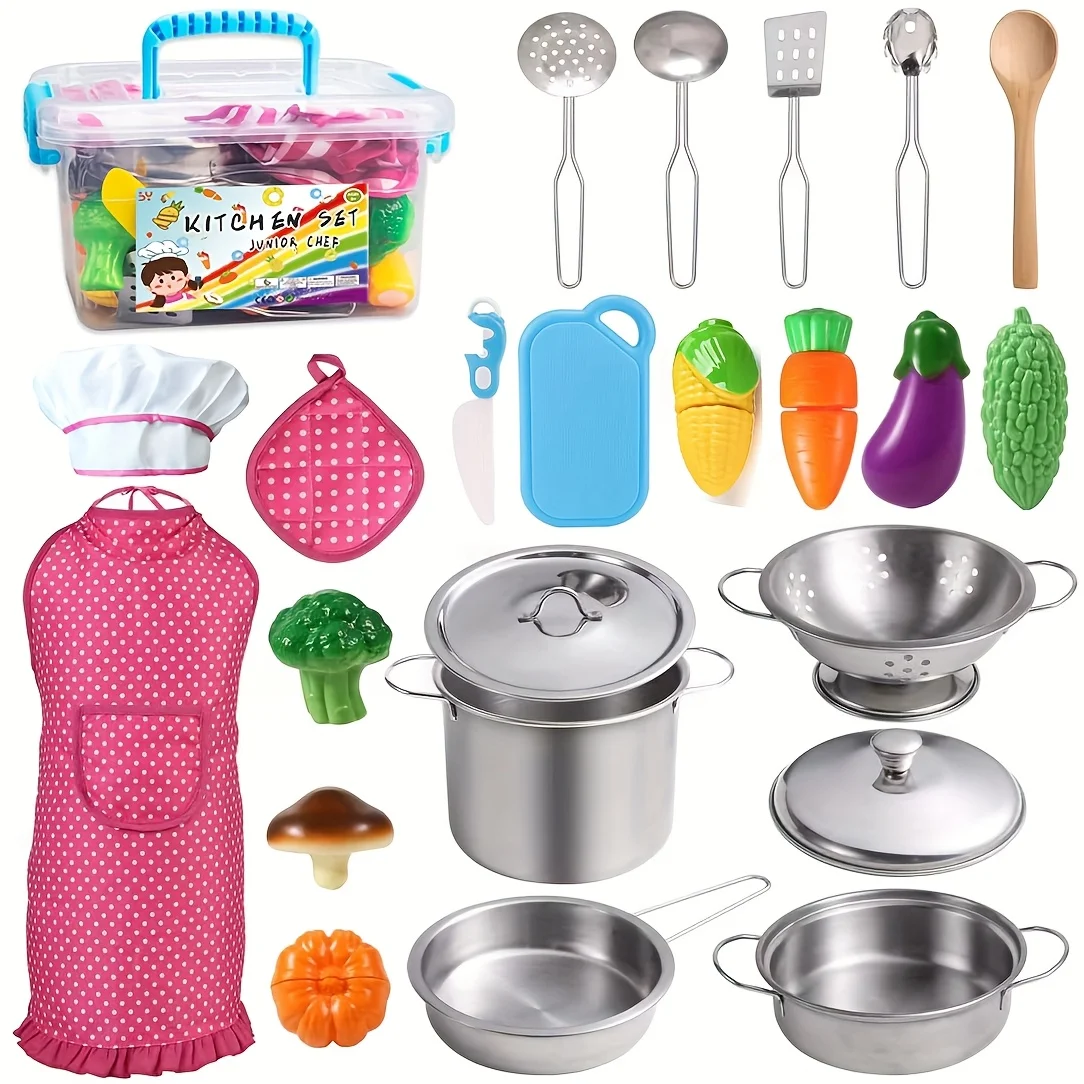Kitchen playhouse toys, including a stainless steel cookware set of pots, pans, and utensils, as well as aprons and chef hats, suitable for children, girls, boys, and toddlers to chop vegetables