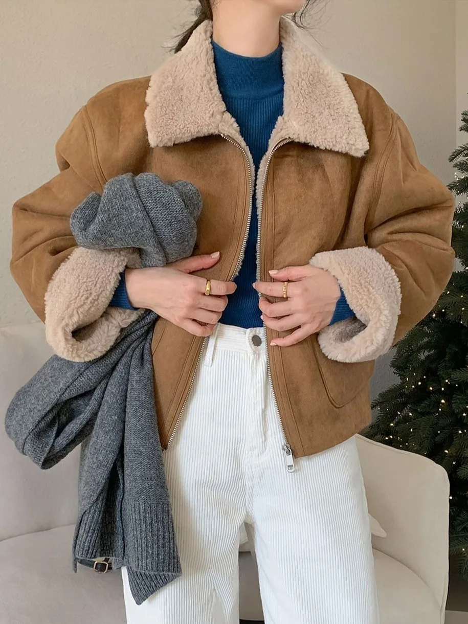 

Thiened Warm Lamb Fur Jaet Women's Autumn Winter Loose Fur Leather Inteated Motorcycle Clothes Cotton Clothes