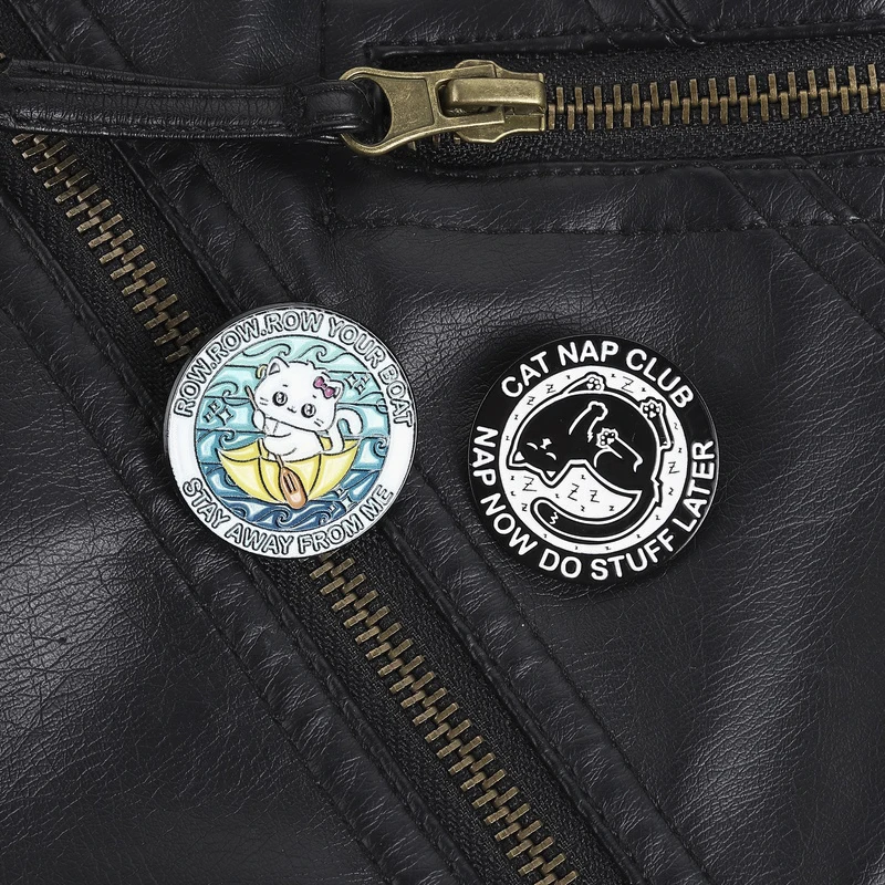 Playful Cat Meme Set Row Row Row Your Boat Pin with Cat Nap Club Brooch Accessory for Daily Wear Whimsical Pet Fan Style