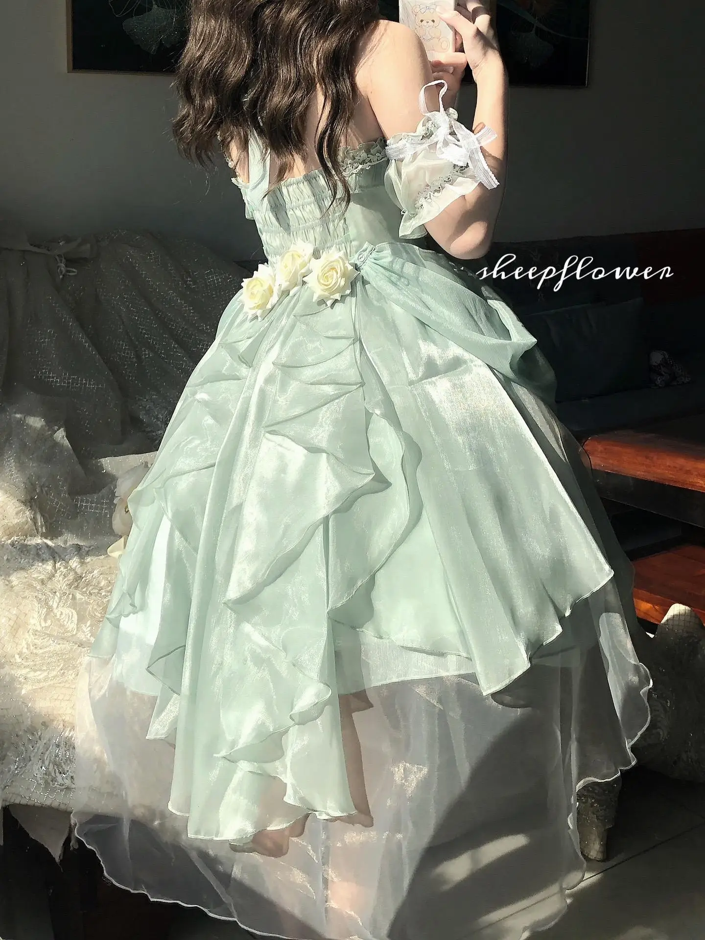 ชุดแต่งงานดอกไม้สีเขียวฤดูร้อนใหม่หญิง Slim Skinny Elegant Sweet Bow ผลกําไรในรอบ Suspender ชุด Jsk Lolita Fairy ชุด