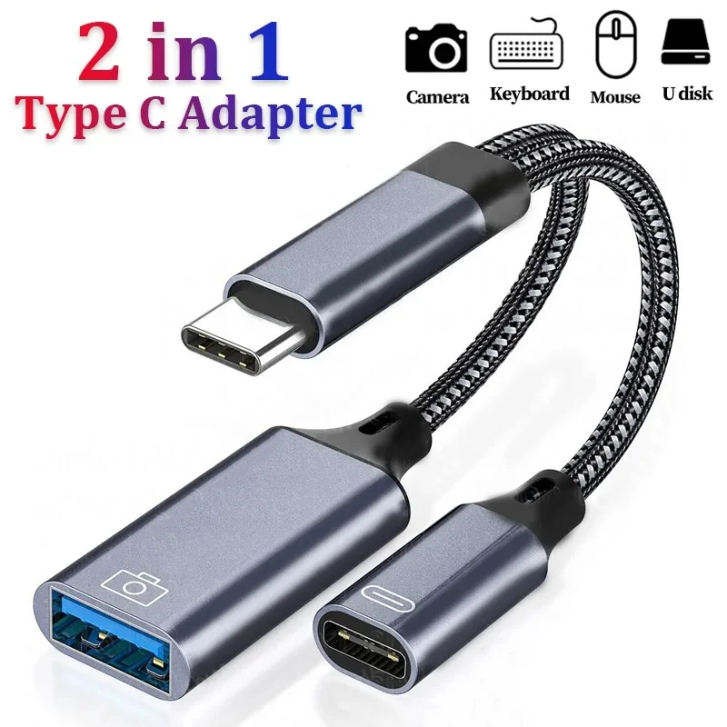 USB C OTG Cable Adapter 2 In 1 Type C to USB A Adapter With PD Fast Charging Port For Samsung Huawei Xiaomi Phone Laptops Tablet