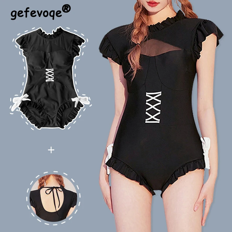 Women Sexy Sheer Mesh Ruffle Bow Kawaii Vintage Y2K One Piece Swimsuits Summer Lace Up Black Push Up Swimwear Beach Bathing Suit