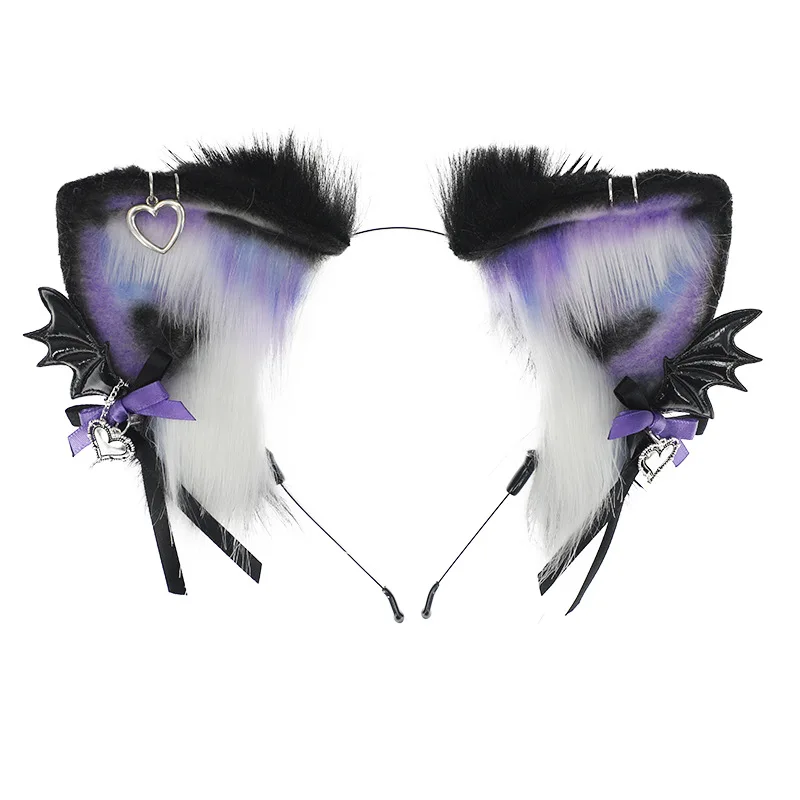 Tocado de felpa con orejas de gato para niña, diadema gótica de Lolita, accesorio de Cosplay del diablo de Halloween, tocado japonés Harajuku JK, color morado y negro